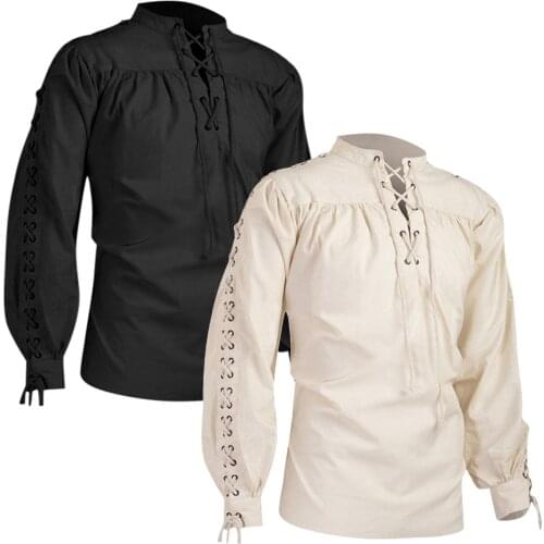 High Quality Fashion Men shirt Bandage Long Sleeve Medieval Shirt Gothic Man Blouse camisa masculina Shirts chemise homme 2020