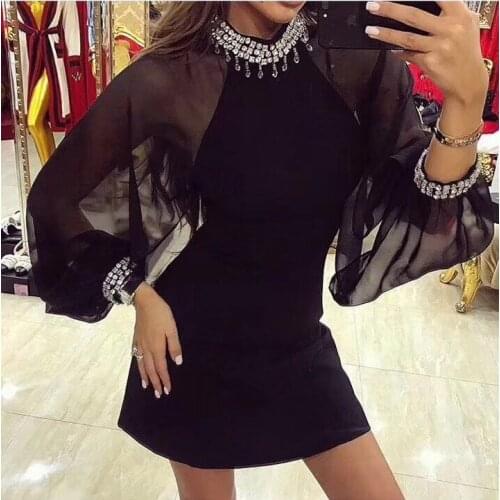 Sexy Beaing Mesh Dress Women Spring Long Sleeve Black Slim Elegant Mini Bodycon Bandage Dress Vestidos