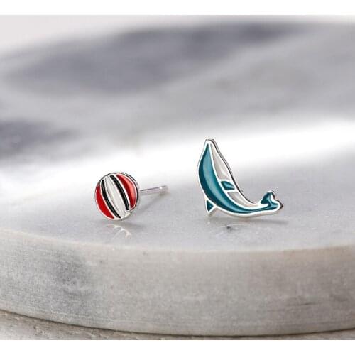 925 Sterling Silver Asymmetry Dolphin Colorful Ball Stud Earrings For Women Girls Wedding Gift Jewelry Bijoux oorbellen A202
