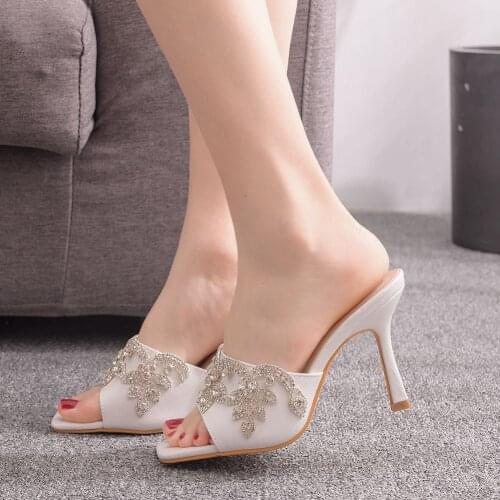 White Rhinestone Square Head Open Toe Thin High Heels Slippers Summer Fashion Slip On Slides Women Mules Sandals Sheos H0136