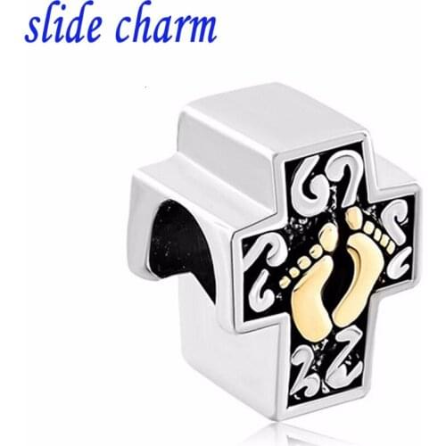 Slide charm Free shipping Europe and the new listing childrens footprints golden cross religious amulet fit Pandora bracelet