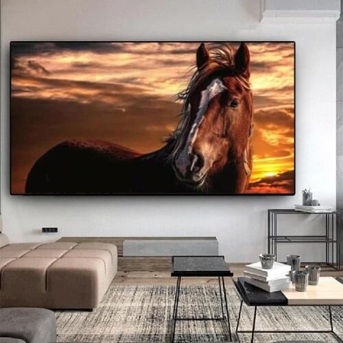 Modern Brown Horse Under Sunset Canvas Painting Landscape Animal Posters and Prints Wall Picture Living Room Decoration No Frame