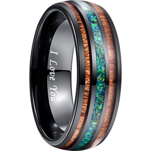 Bohemia 8mm Luxury Black Tungsten Wood Ring Green Opal Inlay Men Women Statement Wedding Party Ring