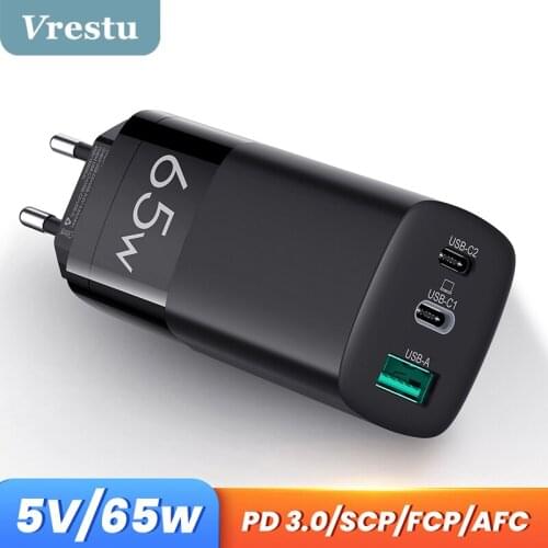65W GaN Charger Quick Charge 4.0 PD 3.0 Fast Charge AFC FCP Power Adapter for Macbook Pro Matebook iPhone 12 XS 8 Huawei Xiaomi