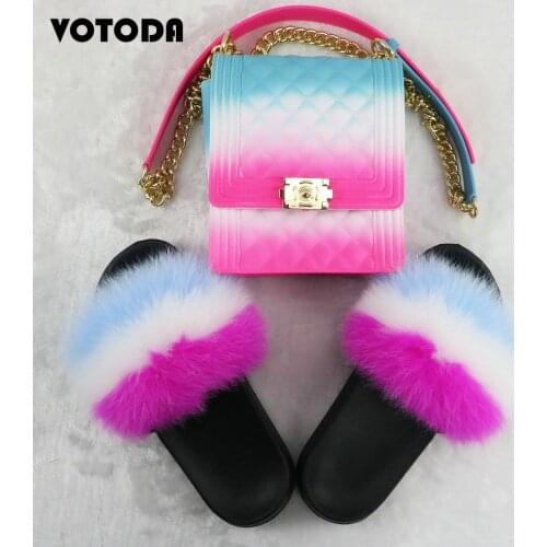 Summer Women Fur Slippers Woman Fluffy Fox Fur Slides Rainbow Lingge Jelly Chain Bag Set Female Furry Indoor Slip On Flip Flops