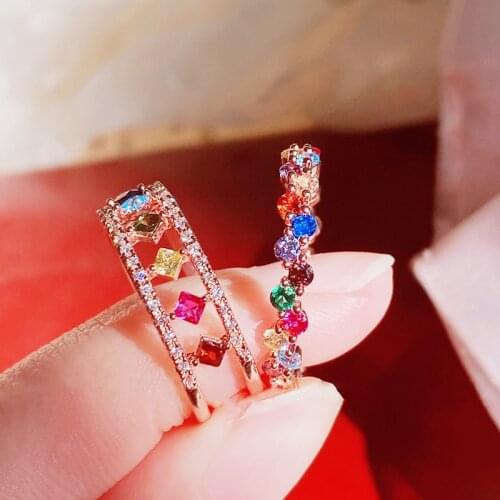 MENGJIQIAO Korean Delicate Colorful Micro Paved Zircon Adjustable Rings For Women Mid Finger Knuckle Rings Jewelry Gifts