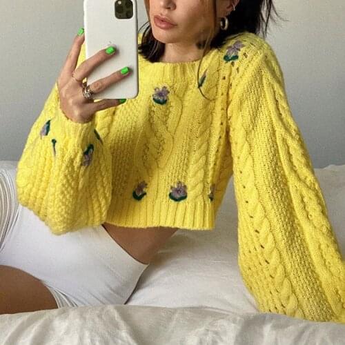 Women Knitted Sweaters 2021 Womens Round Neck Sweaters Long Lantern Sleeve Floral Pattern Cable Knit Crop Tops Pullovers