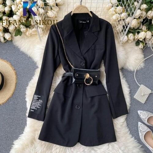 2020 Autumn Women Black Suit Dress Jacket Fashion Shoulder Bags Single Breasted Blazer Dress Ladies High Waist Slim Party Dress