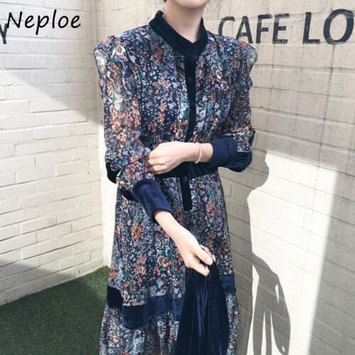 Neploe Flower Print High Waist Ruffles Dress Autumn Elegant Stand Collar Velvet Patchwork Vestidos Chic Button Dresses Women