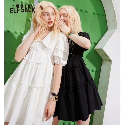 ELFSACK Solid Pure Chic Pearls Casual Vintage Dresses Women,2021 Summer Peterpan Collar Lantern Sleeve Ladies Party Dress