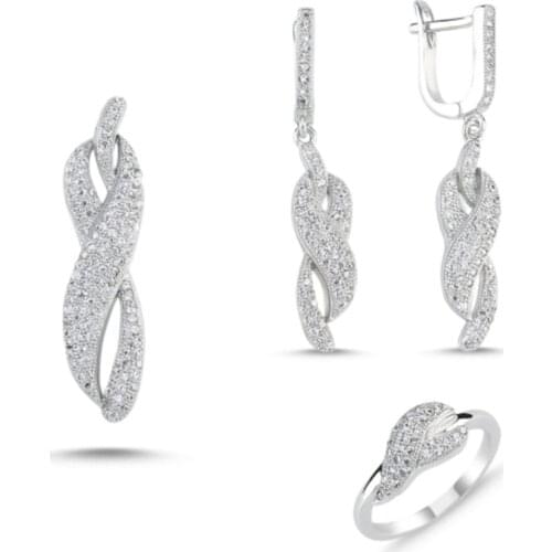 Kadın Gümüş 925 Ayar Zirkon Taşlı Set: Yüzük, Küpe, Kolye Ucu