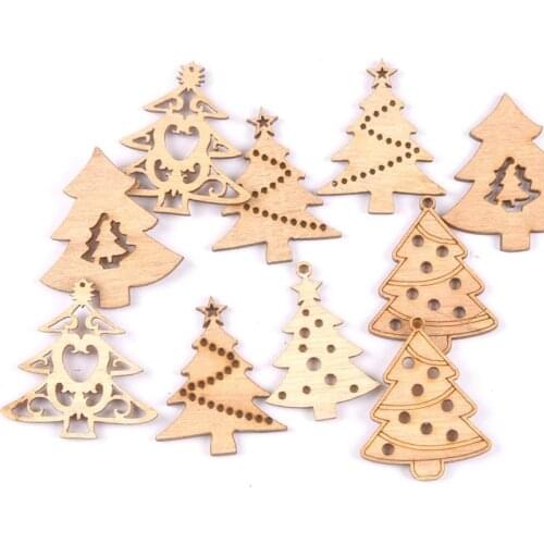 Mixed Shaped Christmas Tree Wood Slices Crafts 10Pcs Natural Wooden Embellishments DIY Decoration Scrapbooking Ornaments M1858