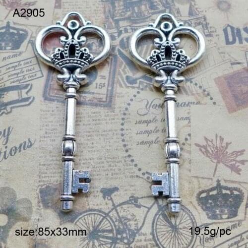10pcs Vintage Silver Zinc Alloy Crown Heart Key Charms Fine Trendy Pendant Charms Making 85x33mm
