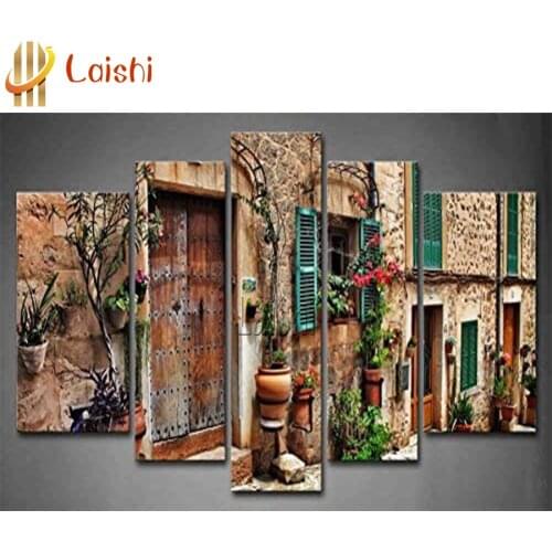 5pcs diamond embroidery Italy Tuscany Towns Old Mediterranean Doors and Windows Flowers Painting full square round drill decor