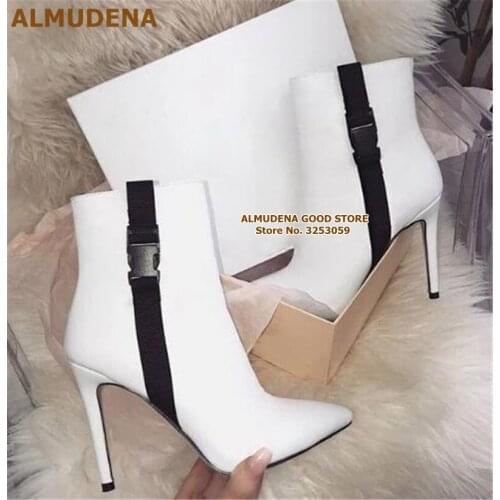 ALMUDENA Whilte Black Patchwork Ankle Boots Thin High Heels Buckle Strap Gladiator Booties Pointed Toe Concise Fall Boots Shoes