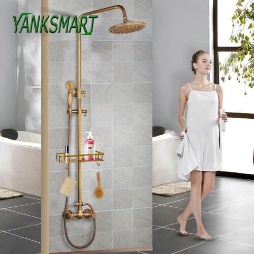 YANKSMART Antique Brass Bathroom Rainfall 8 Inch Round Head 2 Functions Shower Faucet Set Wall Mounted Cold And Hot Mixer Taps