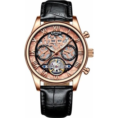 KINYUEDTop Brand rose gold noble watch Hollow out Automatic Mechanical watch Waterproof Mens Watches J058