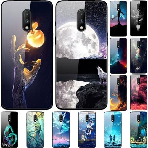 Case For Oneplus 7 Back Phone Cover Black TPU Silicone Bumper With Tempered Glass