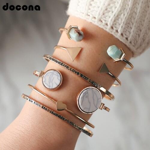 Docona Bohemian Gold Open Bangle Bracelet Set for Women Geometric White Green Rhinestone Adjustable Bangle Bracelet 6892