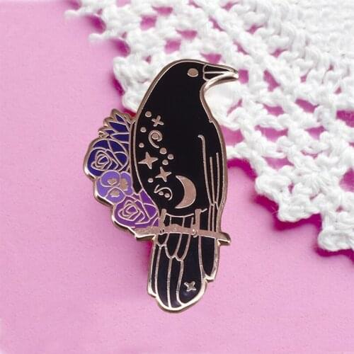 Gothic Raven with Flowers Brooch Celestial Witchcraft Symbols Badge Six of Crows Literature Collection