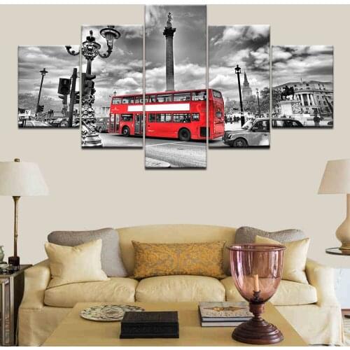 HD Printed Modern Painting On Canvas 5 Panel City Scenery Red Bus Modular Picture Wall Art Home Decoration Posters Frame Bedroom