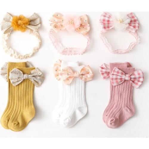 Cotton Newborn Socks Headband Set Lovely Plaid Bows Hairband Stocking Girls Autumn Children Sock Photo Prop Hair Accessories