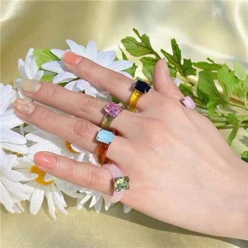 2020 New Korean Trendy Transparent Acrylic Colorful Rectangle Rhinestone Simple Rings For Women Girls Jewelry New Year Gift