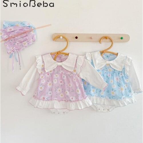 Ins 2020 Autumn New Baby Girl Bodysuit+ Hats 2PCS Sets Long Sleeve Sun Floral Bow Contrast Romper Triangle Baby Valentine Outfit