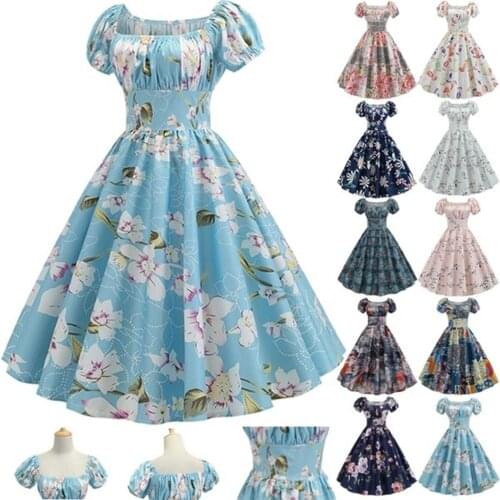 HOT SALES！！！New Arrival Vintage Women Floral Print Short Sleeve Waist Tight Large Swing Lolita Midi Dress Wholesale Dropshipping