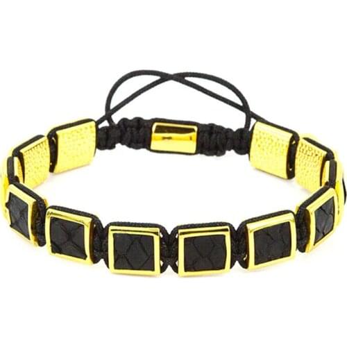 Black Genuine Leather Men Bracelets 2018 Hot Sale Gold Micro Pave CZ Beads Square Braiding Macrame Bracelets Pulseira Masculina