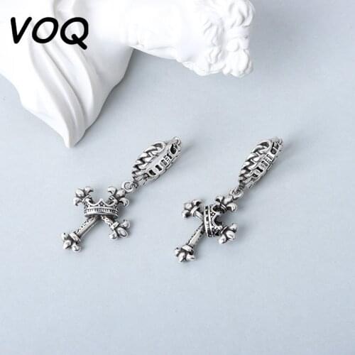 VOQ 925 Sterling Silver Earrings Antique Cross Earrings Mens Womens Crown Drop Earrings Fashion Jewelry Wholesale