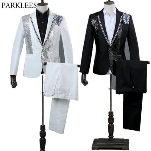 Men Double-side 3D Crystal Embroidery Flower Mens Suit Set Stage Singer Nightclub Suit Jacket Men Suit for Wedding Costume Homme