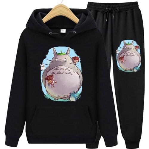 Autumn Black Women Kawaii Set Totoro Studio Ghibli Print Anime Clothes Female Pullovers Long Sleeve Oversized Hoodies Streetwear