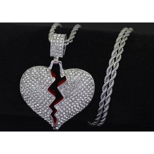 New HipHop King Iced Out Broken Heart Necklace & Pendant With Twist Chain Gold Color Bling Rhine stone Mens Hip hop Jewelry