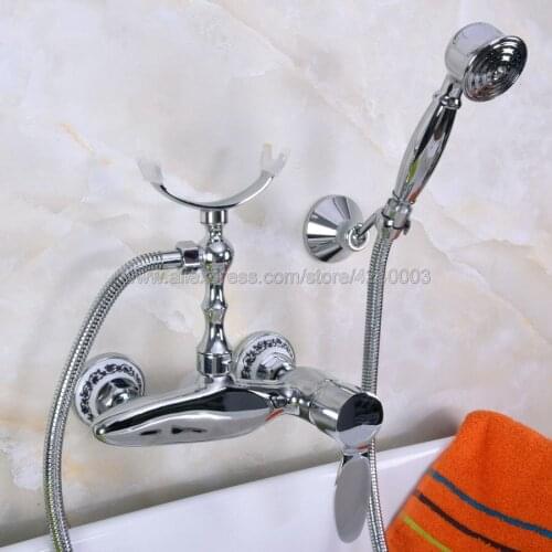 Polished Chrome Wall Mounted Bathroom Faucet Bath Shower Mixer Tap With Hand Shower Head Shower Faucet Sets Kna260