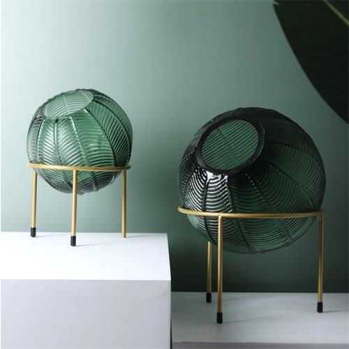 Striped green glass vase home decor Round ball terrarium with gold stand Jarrones decorativos moderno Hydroponic flower vases