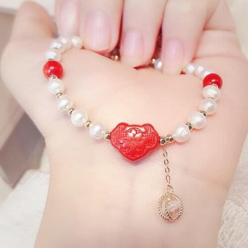 Handmade Natural Stone Cinnabar Lotus Bracelet Natural Freshwater Pearl Beads Adjustable Bracelets For Women Reiki Yoga Jewelry