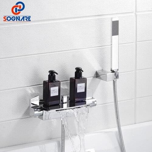 SOGNARE Bathtub Mixer Hot and Cold Waterfall Modern Bathtub Faucets Chrome Brass Bathtub Tap Dual Handle with Handshower Crane