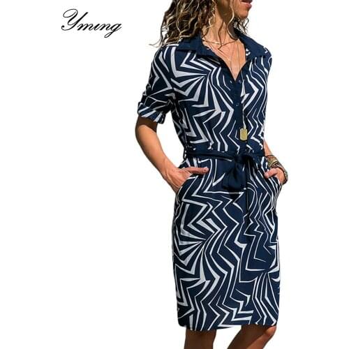 YMING Long Sleeve Pockets Women Boho Dress Turn Down Collar Party Midi Dresses Casual Club Office Beach Dresses Loose Vestidos