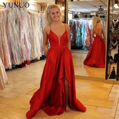 YuNuo 2019 V-Neck A line Split Evening Dresses Long Criss Cross Straps Backless Red Evening Party Gowns N21