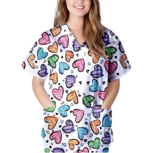 2021 Women Cute Cartoon Print Nurse Uniform Short Sleeve V-neck Tops Casual Nursing Working Uniform T-shirts Медицинская Одежда