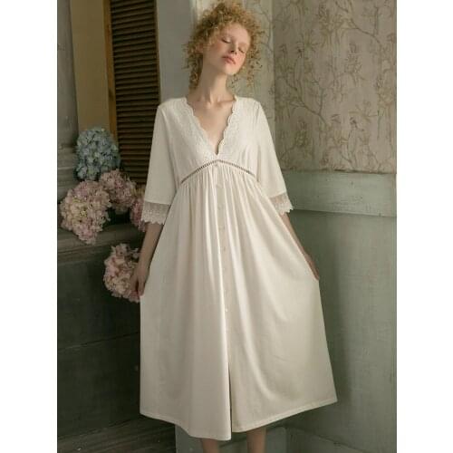 Summer Romantic Nightgown Women V-neck Lady Sleepwear Dress Woman Retro Cotton Nightdress INS Fashion Dressing gown