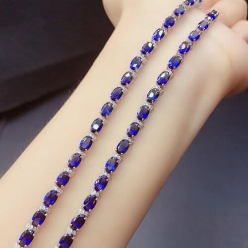 New Item Natural Sapphire Gemstone Bracelet 925 Sterling Silver Blue Stone Bangle for Women Fine Wedding Jewelry