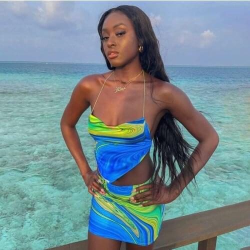 Sexy Women’s Vest and Skirt Suits Fashion Ripple Print Two-pieces Sets Club Streetwear Back Tie Up Halter Tops+Tight Short Skirt