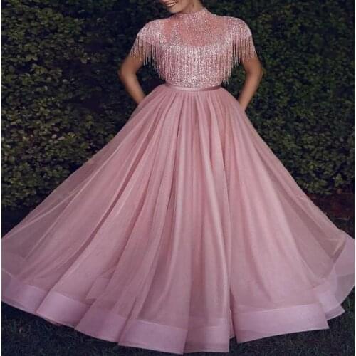 Tassel High Neck Pink Prom Dresses Long 2020 A-Line Robe De Soiree Long Evening Dress Prom Gowns