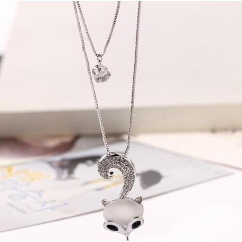 Unique Design Fox Head Necklaces & Pendants For Women Trendy Crystal Double Layered Long Necklace Sweater Chain Party Jewelry