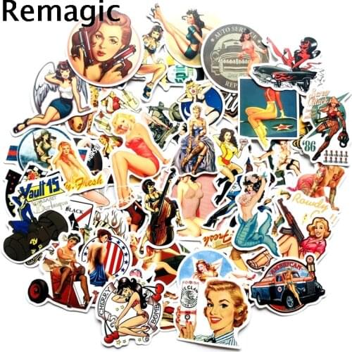 49pcs Retro Vintage poster girl sexy beauty Scrapbooking Stickers Packs Waterproof Luggage Guitar Graffiti decals pasters gifts