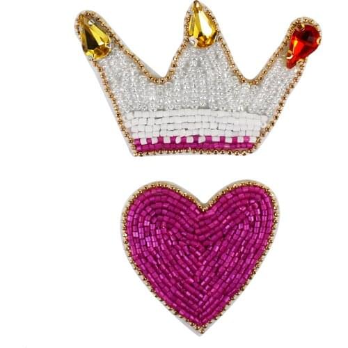Bead Crystal Diamond Heart Crown Patches Embroidery Applique Sew on Rhinestones Badge for Clothes Shoes Bags Craft 5 sets