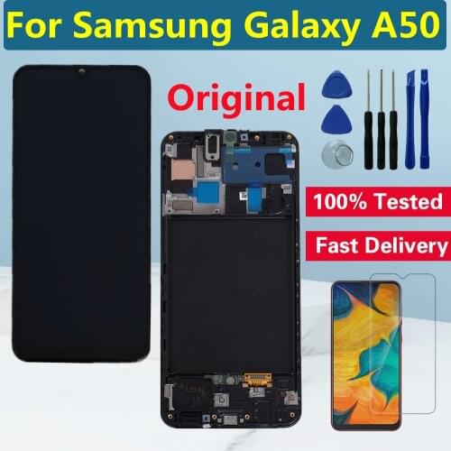 Original AMOLED For Samsung Galaxy A50 LCD Display Frame Touch Digitizer For Samsung A50 SM-A505F OLED LCD Screen Replacement