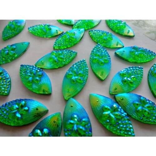 Green AB colour 80pcs Sew On rhinestones Navette shape 11*24mm resin crystal flatback strass gem stones